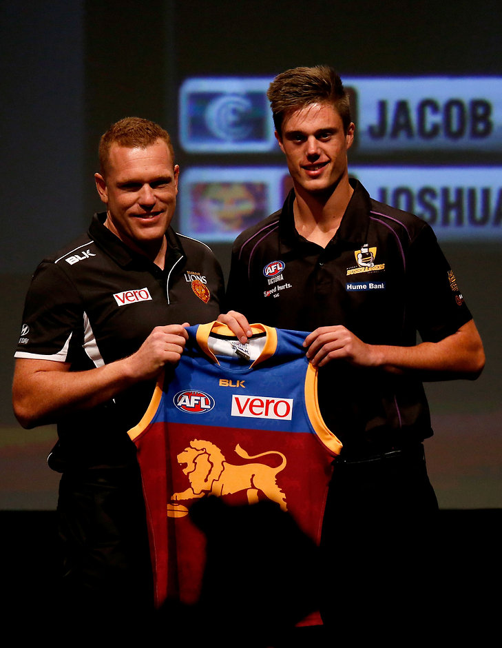 AFL 2015 Media - NAB AFL Draft ADELAIDE, AUSTRALIA - NOVEMBER 24: Number 2 draft pick Josh Schache is presented with his Brisbane Lions jumper during the NAB AFL Draft at the Adelaide Convention Centre, Adelaide, Australia on November 24, 2015. (Photo by Sean Garnsworthy/AFL Media)